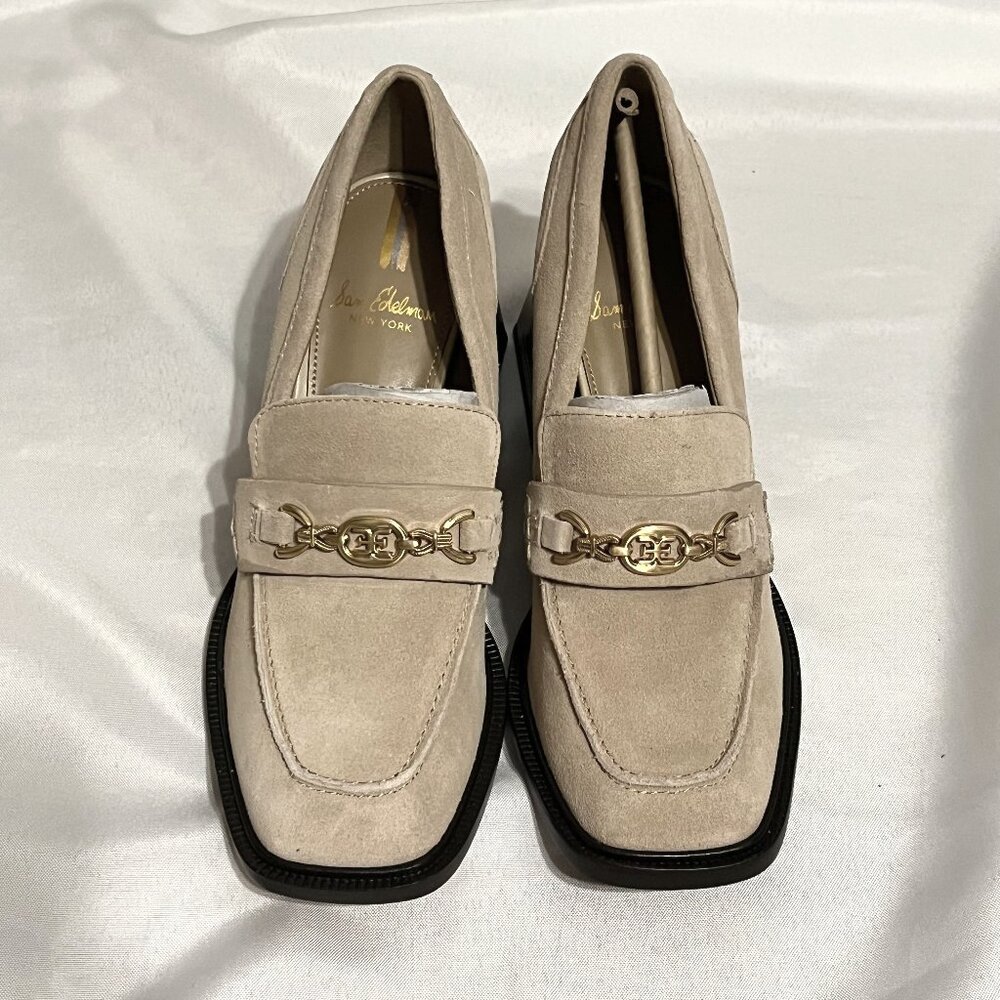 NWOT Sam Edelman Quincy Suede Loafer Heel, 7 Tan/Cream Suede